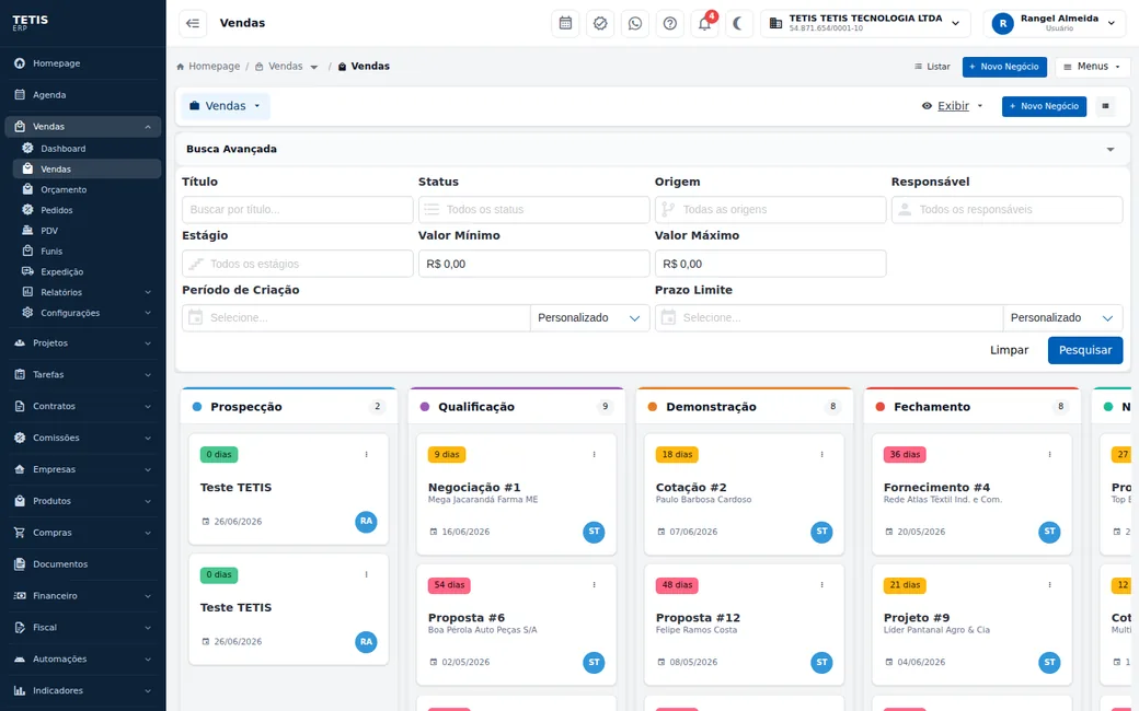 Tela real do TETIS: kanban de oportunidades do CRM com etapas de prospecção a fechamento
